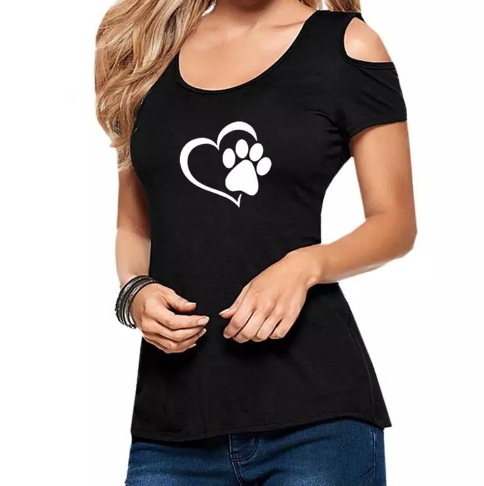 New! Black Cold Shoulder Paw Print Top - Picture 3 of 5